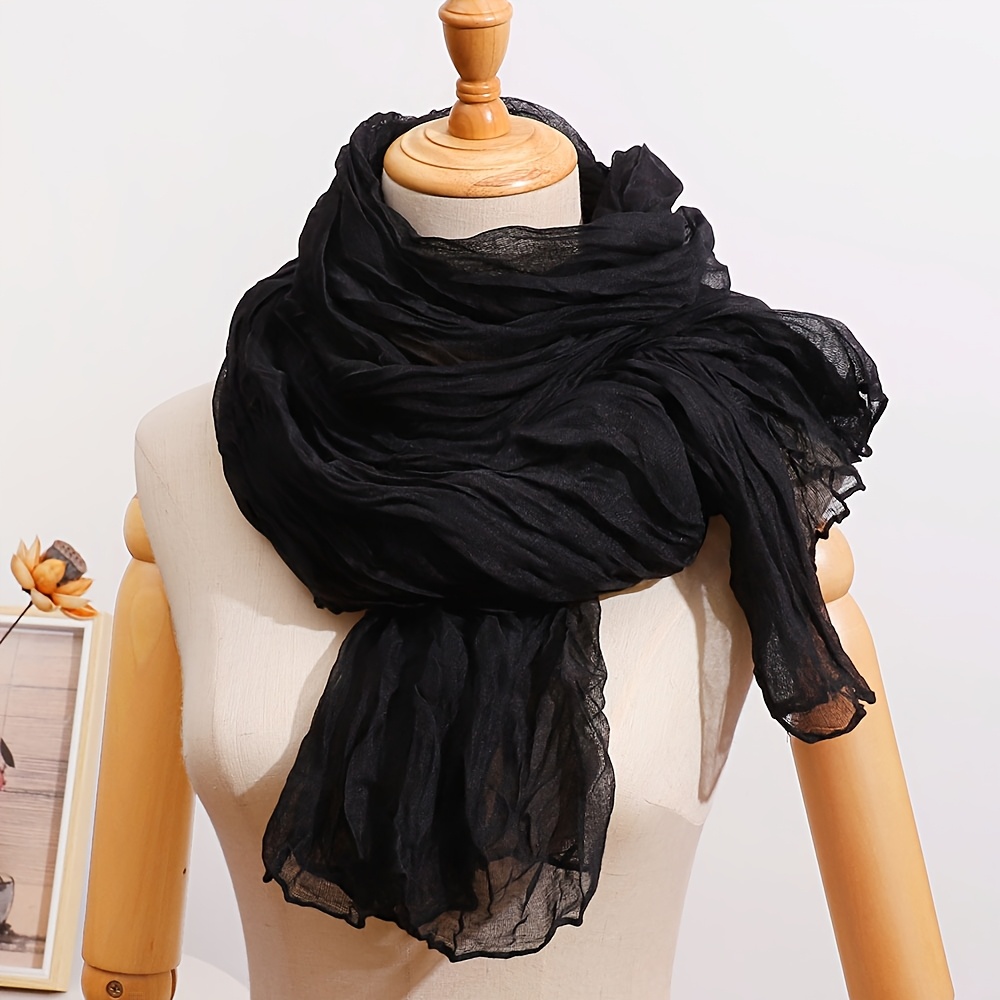 Image of Table Runner Tablecloth Napkin - Vintage Solid Color Crinkle Pleated Scarf - Lightweight Pleated Neck Scarf Shawl, Versatile Solid Color Thin Crinkle Pleated Autumn/winter Neck Scarf Shawl
