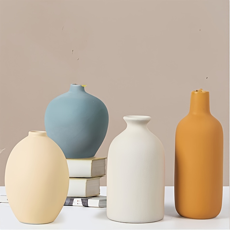 TEMU 4pcs Vase en Céramique, Blanc, Jaune, Bleu, Beige 4 Couleurs, Style Minimaliste, Utilisé pour la Décoration de de , Décoration de Ferme Moderne,