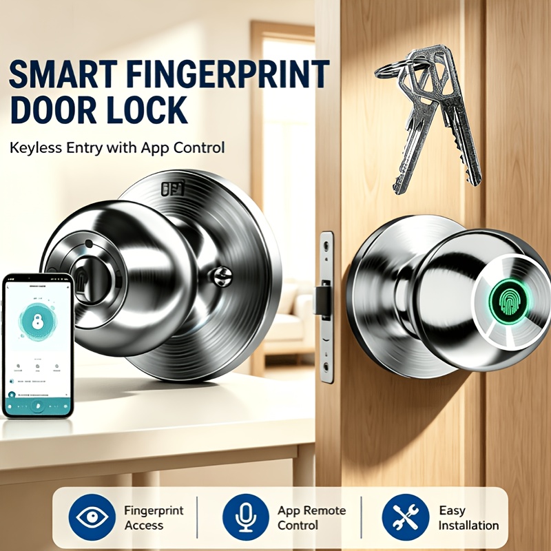 TEMU [smart Door Lock] Fingerprint Smart Door Lock, To Unlock: Fingerprint And , Stainless Steel Ball Knob Lock With App & Key Unlock For Bedroom,