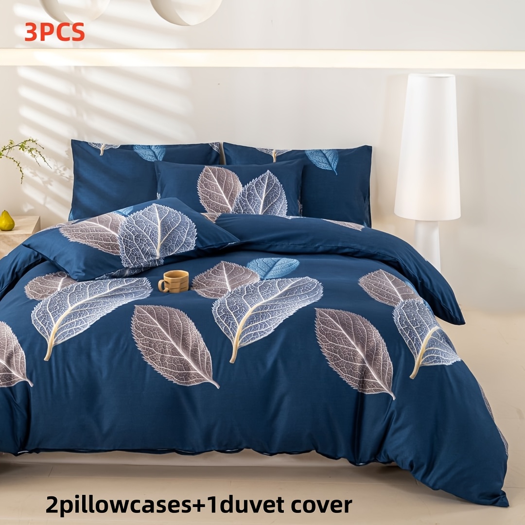 TEMU This Duvet Cover Set Features Calm Ink-blue Tones. Leaves , Embodying The Blooming Vitality Of Summer. Suitable For Bedrooms, Package Includes