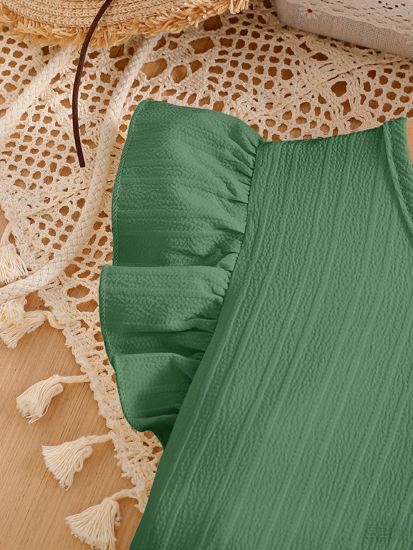 Elegant Green Ruffled Sleeve Dress for Girls with Bow Detail & Button Accents - Crew Neck, Non-Stretch Polyester, Machine Washable - Perfect for Summer Parties & Casual Outings, Girls Long Sleeve Dresses
