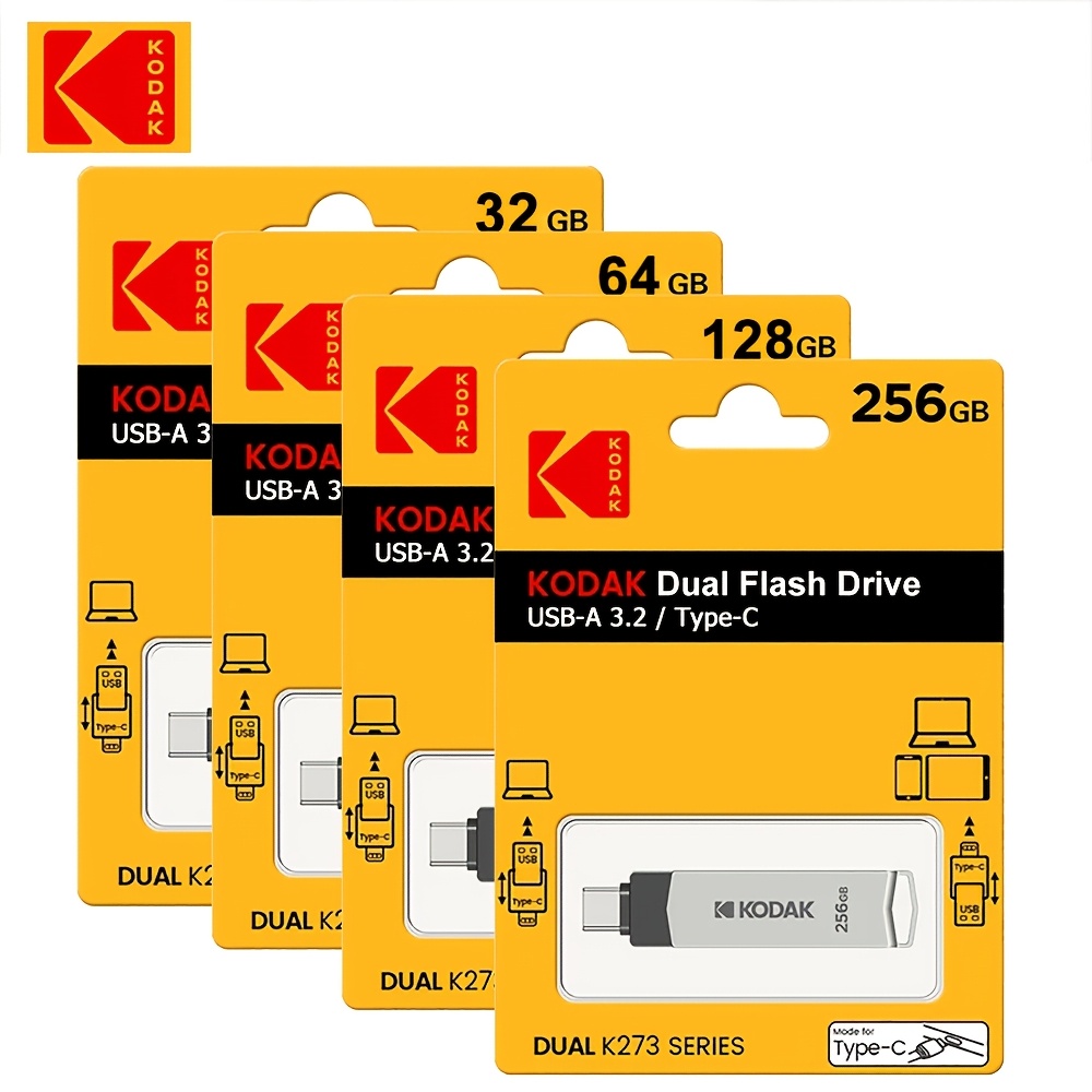 

1-Pack Clé USB double KODAK, USB 3.2 Type-C, capacités de stockage multiples (32 Go/64 Go/128 Go/256 Go), flash USB double interface pour téléphones mobiles et ordinateurs