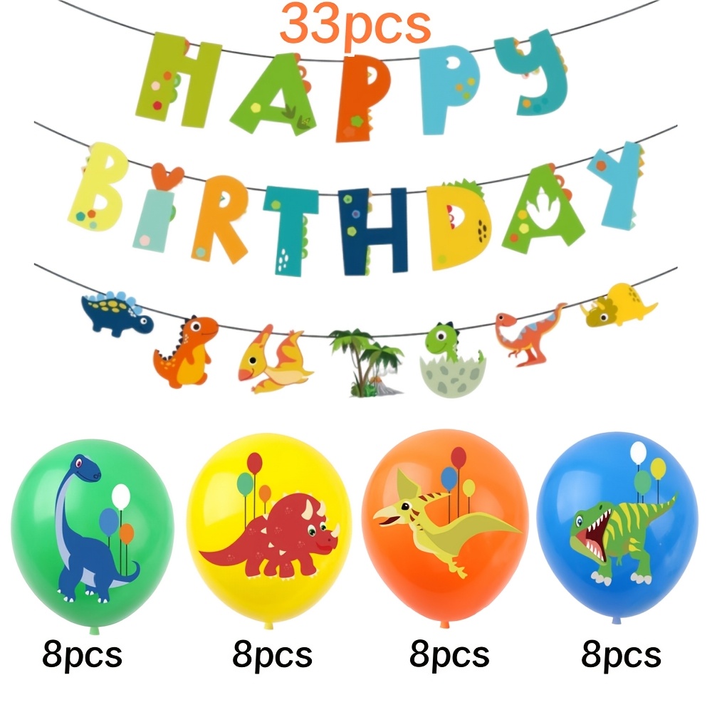 TEMU Ensemble de décorations de fête d'anniversaire sur le thème des dinosaures, ballons en latex colorés avec impression de dinosaures et guirlande