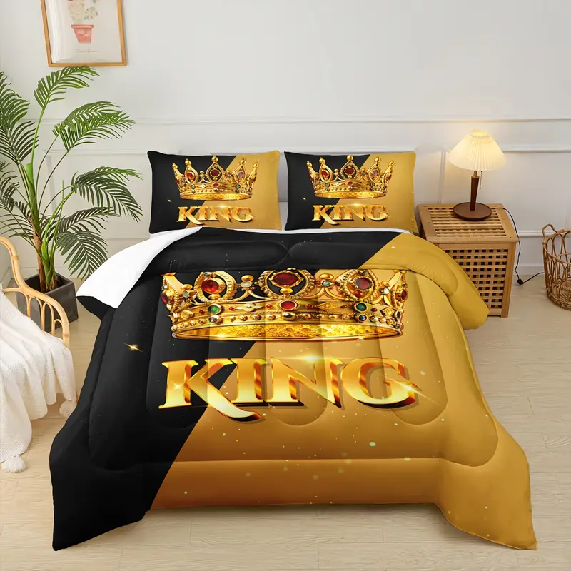 3pcs queen and king quilt set his and hers matching couple bedding set lover mr mrs valentines day theme black and yellow bedding set ruby print wedding room decor 1 comforter 2 pillowcases without pillow core Product details 2