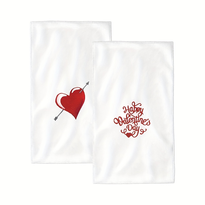 

2 Set 18 Inch *26 Inch Valentine's Day Gift Towel Valentine's Day Hand Towels Heart Embroidered Decor Decorative Dish Set For Drying, Cleaning, Cooking, White, Red