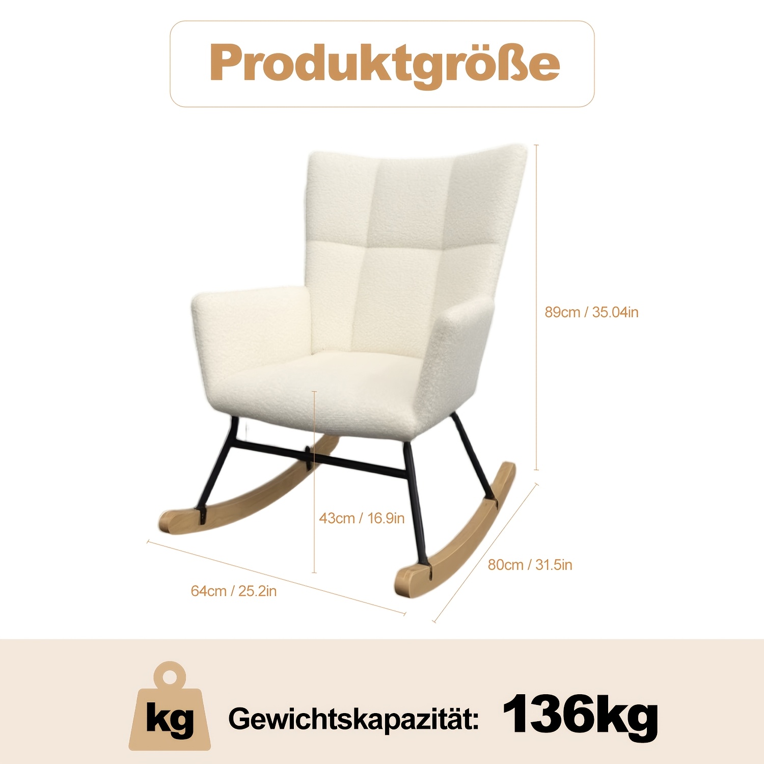 E-shop Schaukelstuhl, Teddy-bezogener Akzentstuhl, moderner Sessel mit breiter Rückenlehne Sockel aus Gummibaumholz für Wohnzimmer, Schlafzimmer