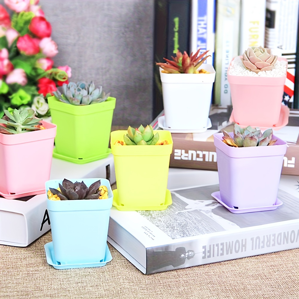 

24pcs, Classic Plastic Square Flower Pots With Saucers, 2.64x2.8 Inches, Colorful Plant Containers For Succulents, Garden, Office Balcony Decor, Simple , Assorted Colors