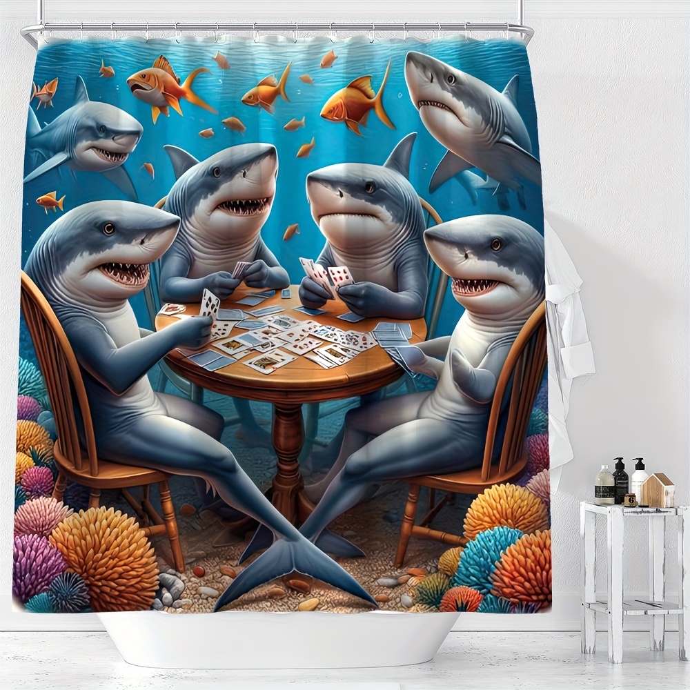 

Ywjhui Underwater Sharks Playing Cards Digital Print Shower Curtain, Water-resistant Polyester Knit With Hooks, Cartoon Fish And Animal Themed Bathroom Decor, Machine Washable, All-season