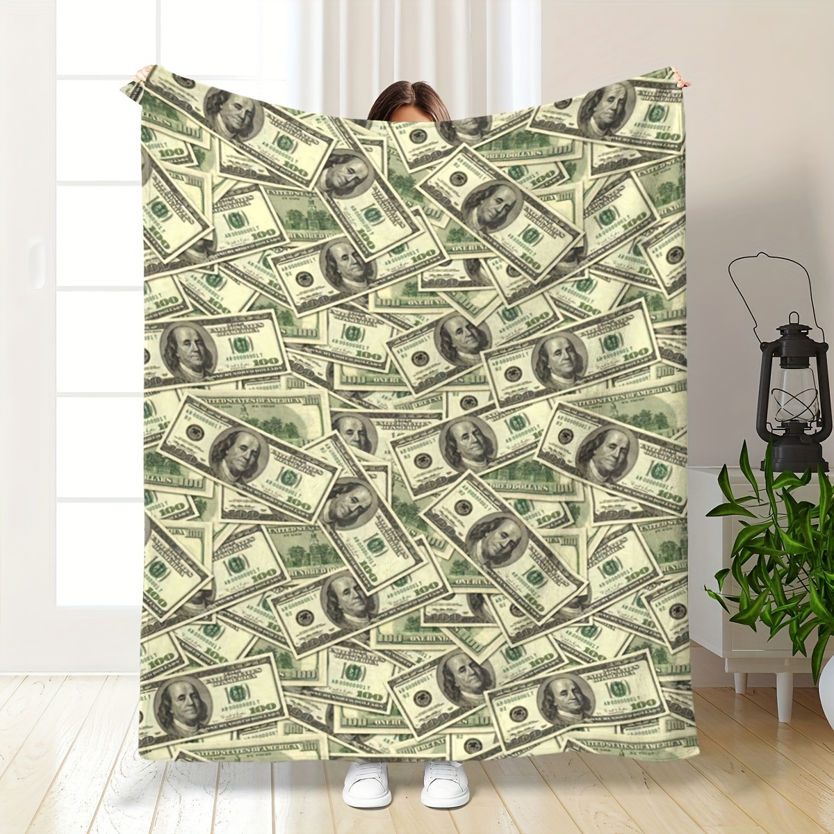 

Contemporary Money Print Flannel Throw Blanket, Reversible Cozy Throw For Couch, Bed, Picnic, Office - Polyester, Ideal Gift For Family, Friends, Employees - 200-250g Lightweight Knitted Blanket