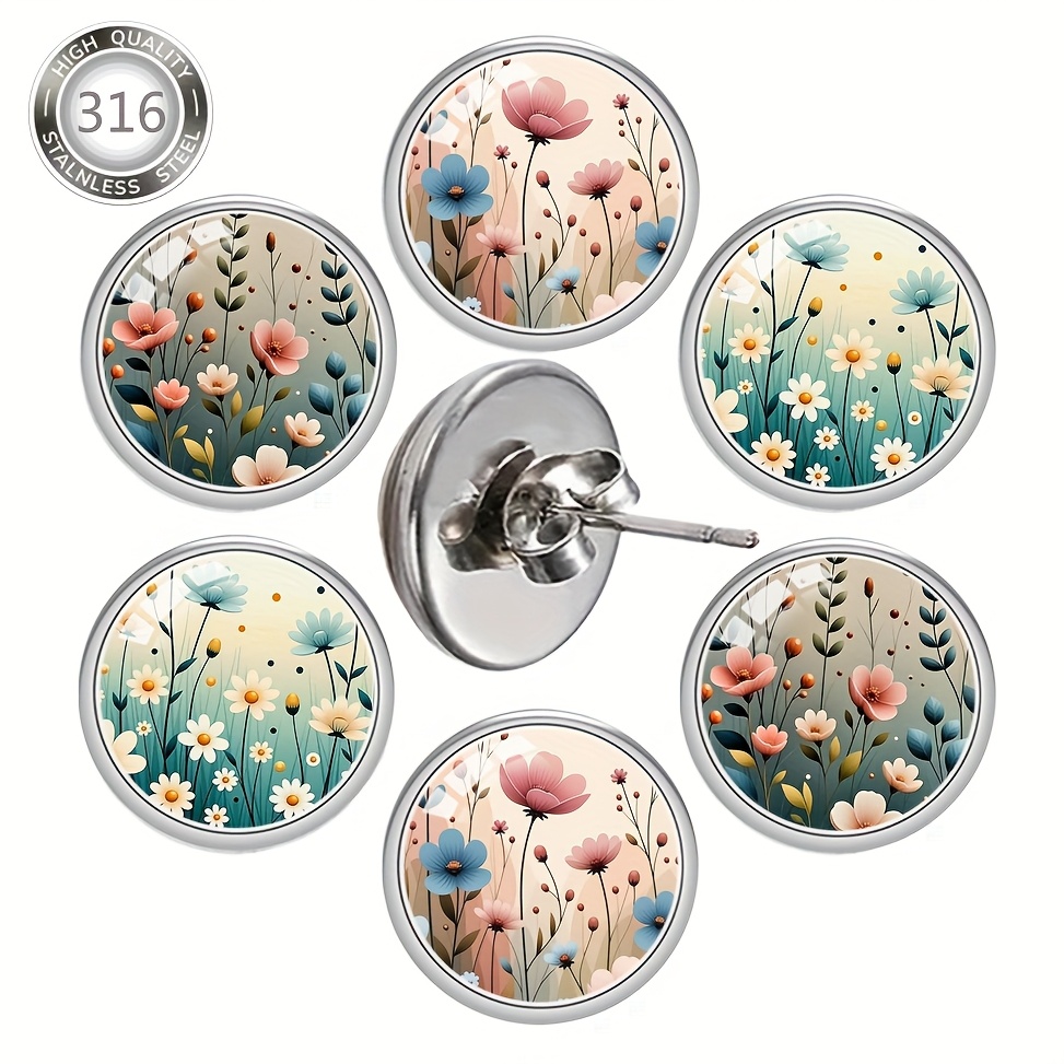 3 Pairs/set Of Elegant Floral Earrings, Steel With Hypoallergenic Embossed Glass Inlays, Perfect For Daily Wear, Parties, And Vacations. Ideal As A Gift