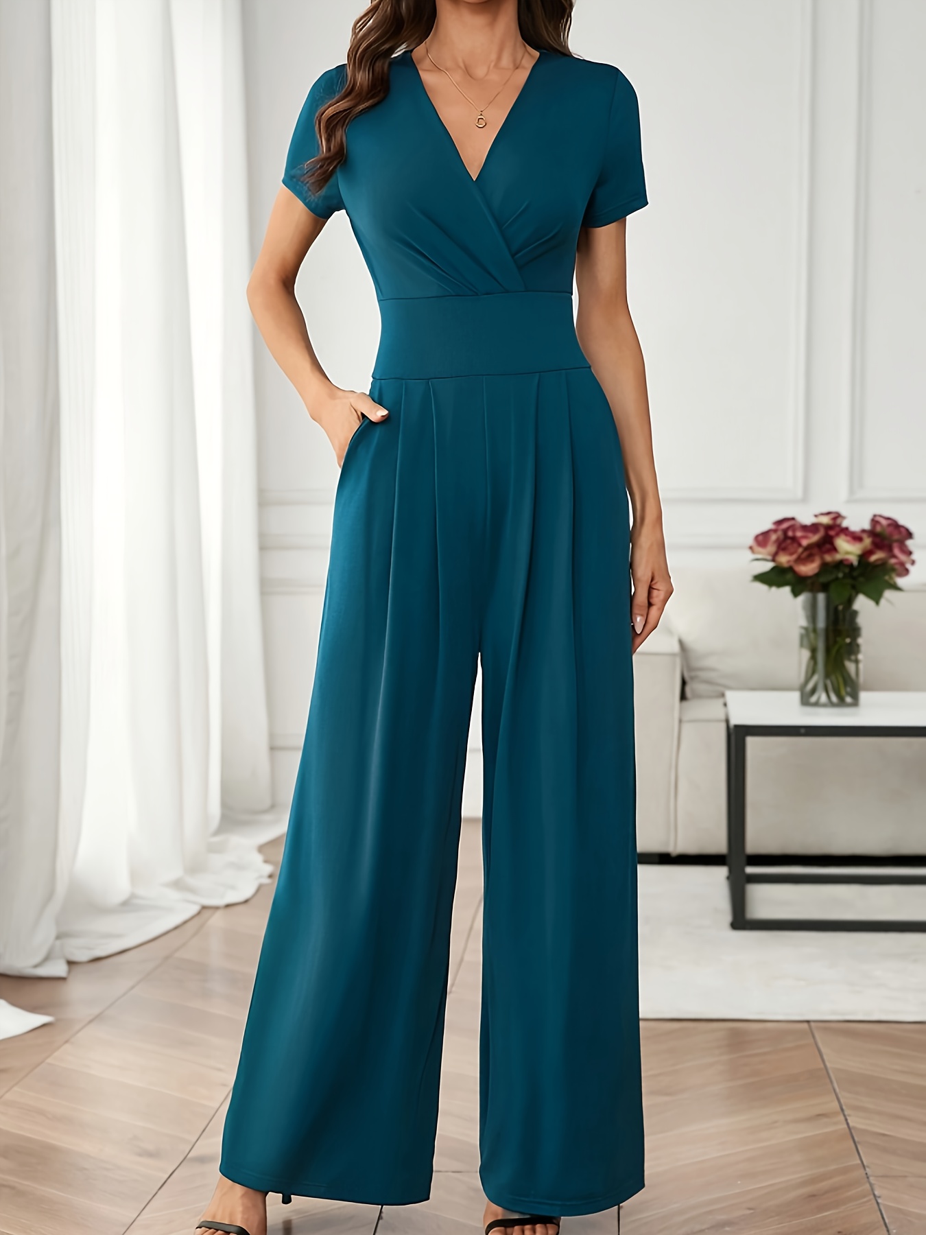 elegant teal v neck wide leg jumpsuit for women short sleeve cinched waist     spring summer adult fashion     jumpsuit cinched waist jumpsuit