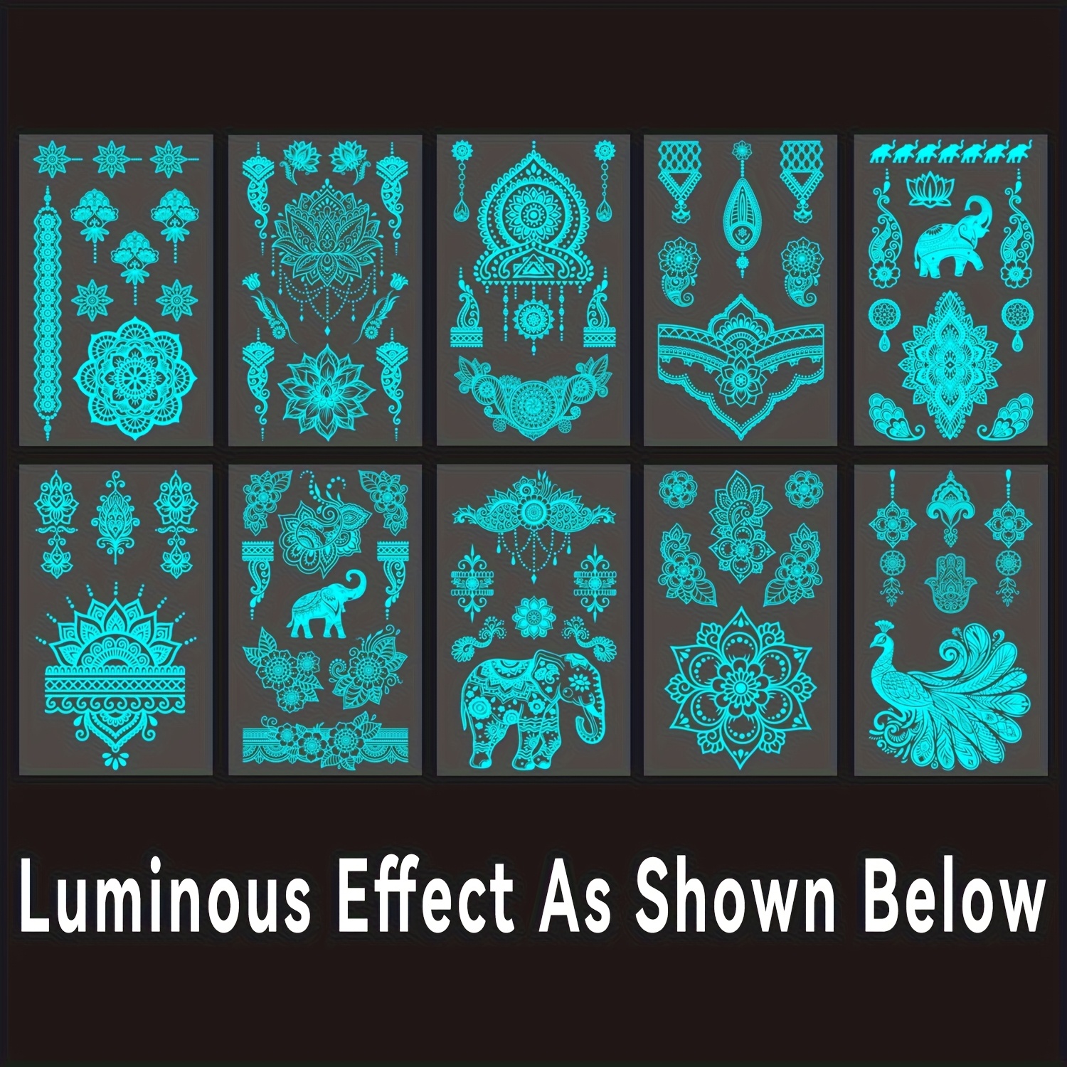 Image of 10 Sheets Blue -the-dark Indian Festival Temporary Hand Tattoos, Wedding Holiday Festive Finger Decoration, Waterproof And Easy To, Suitable For Women