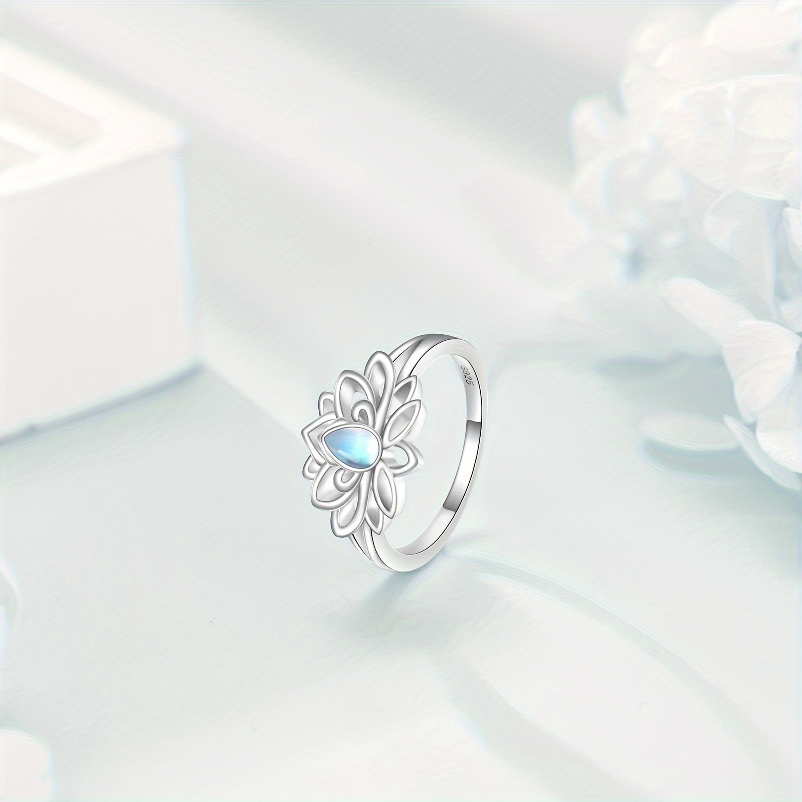 Moonstone Lotus Ring 925 Sterling Silver Flower Jewelry