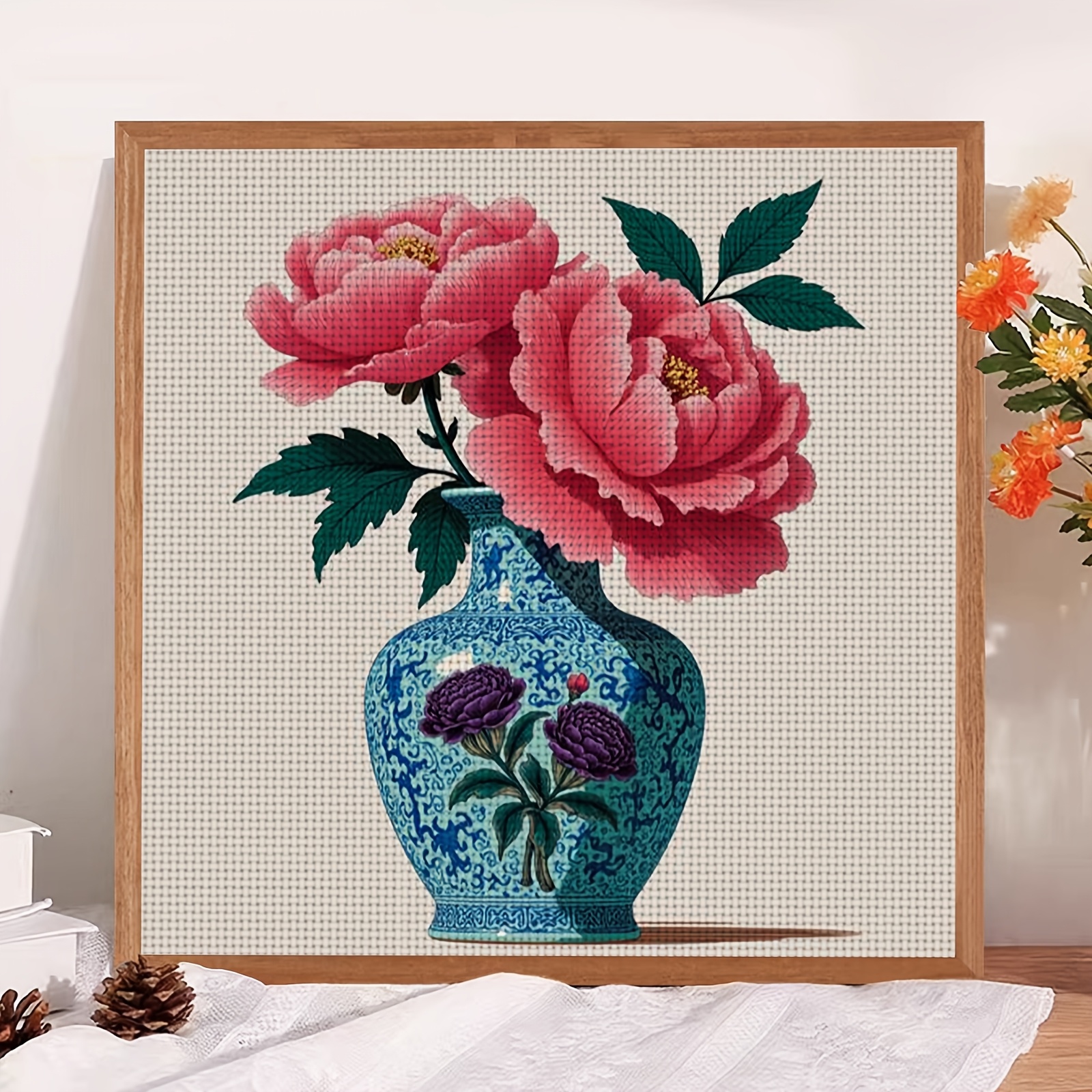 DIY Cross-Stitch Printed Kit, Blue Vase with Pink Peonies Design