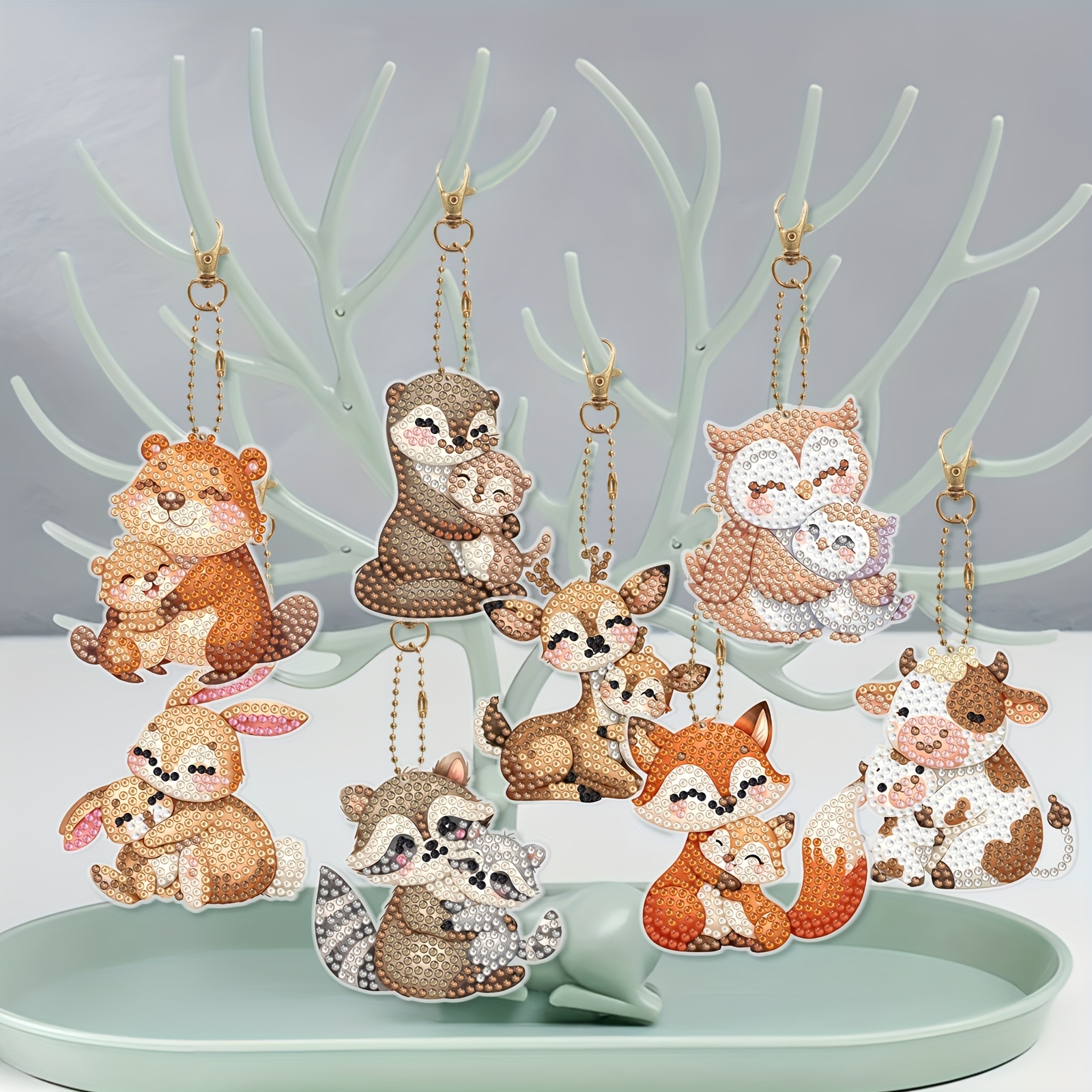 

8pcs New Diamond Handmade Point Diamond Cartoon Cute Animal Series Keychain Can Also Hang On Bag, Diy Handmade Can Send Family Friends (owl, Grey Rabbit, Cow, Fox, Deer)