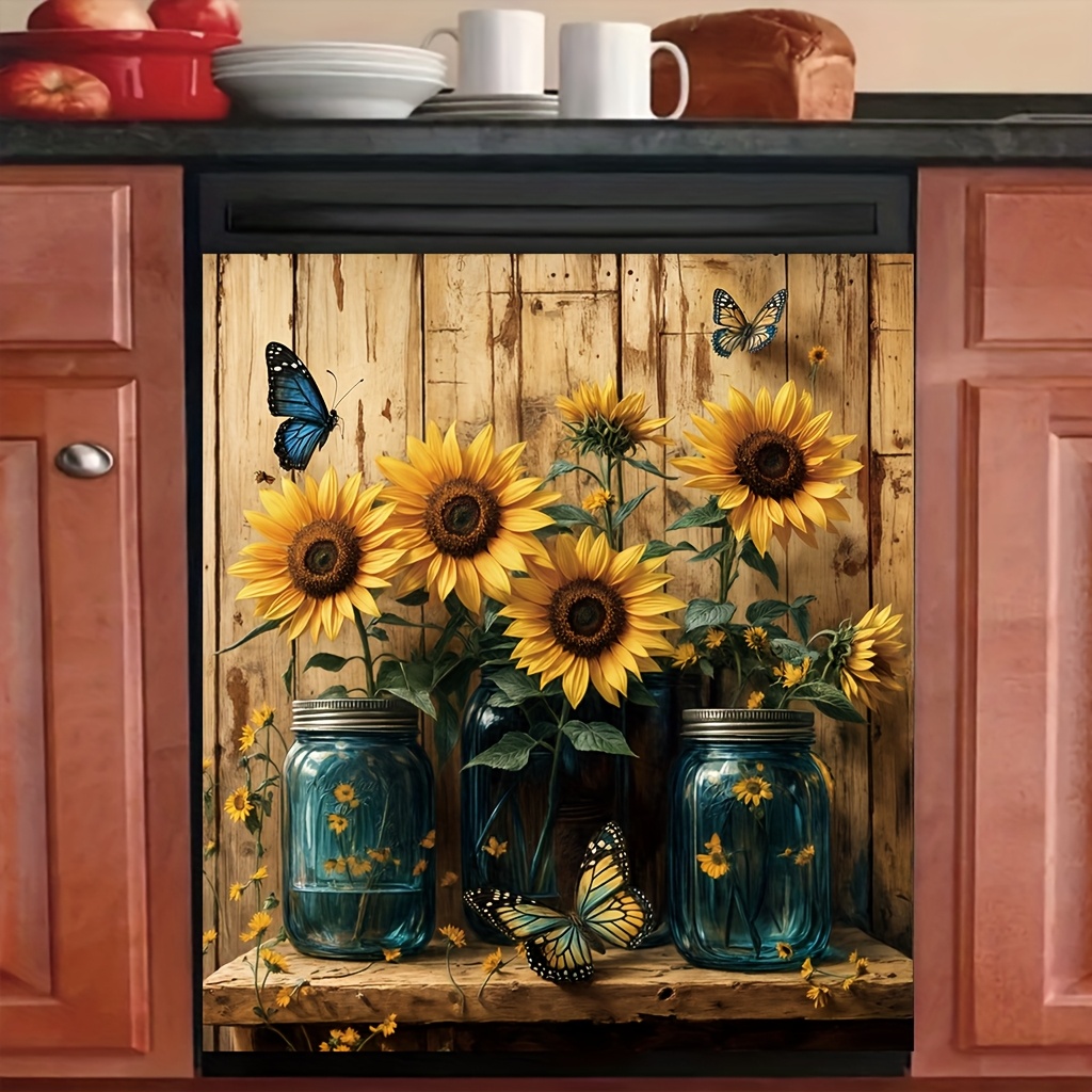 

1pc Magnetic Dishwasher Door Cover, Sunflower Vase Print Theme Print, Interior Rectangular Dishwasher Trim, Easy To Apply & Clean, Kitchen Decor, 23.03 X 25..