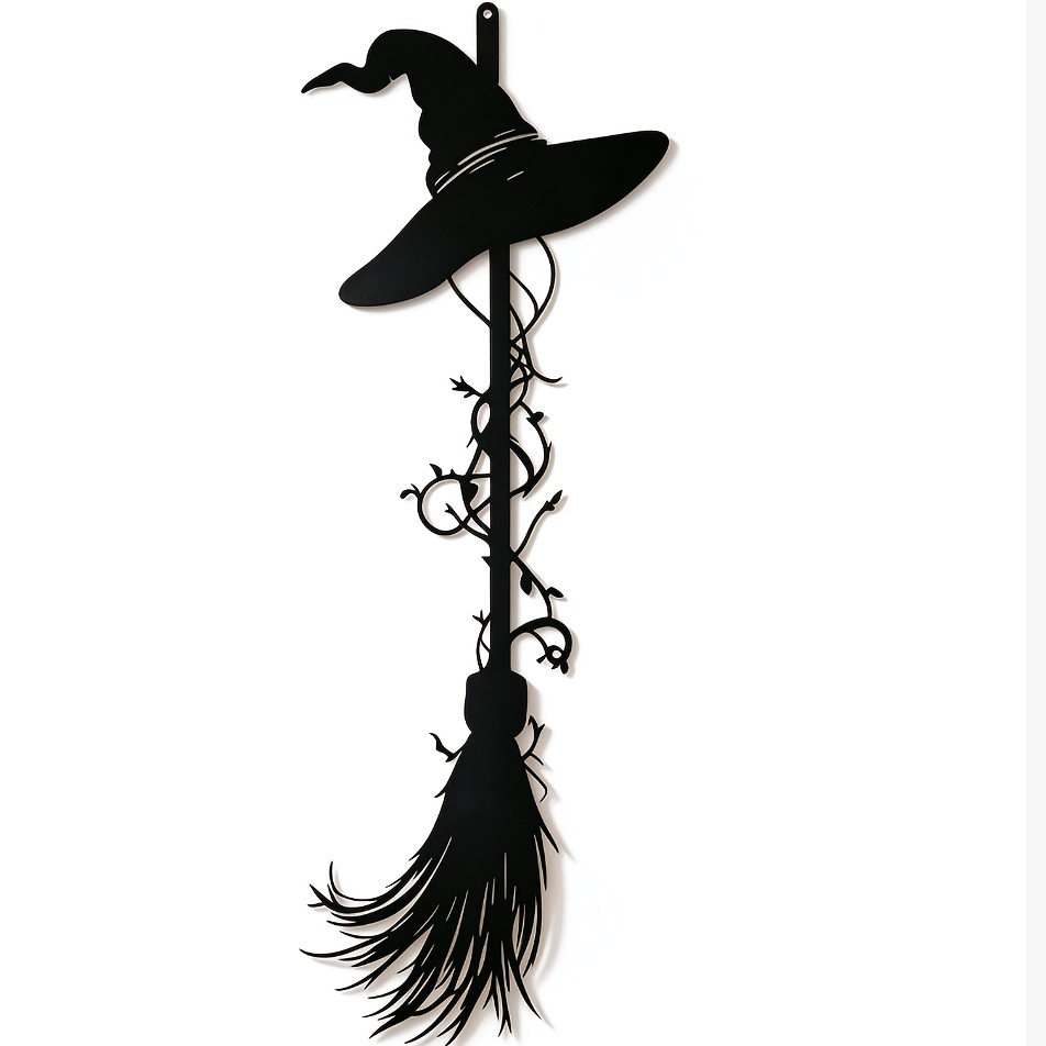 TEMU Art mural plat 2D Broomstick de sorcière en métal, Silhouette en fer épaissie, Panneau mural d'habillage, Décoration murale d'Halloween
