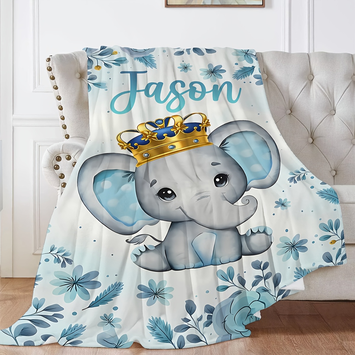 Custom Name Blue Rhyme Crown Baby Elephant Blanket
