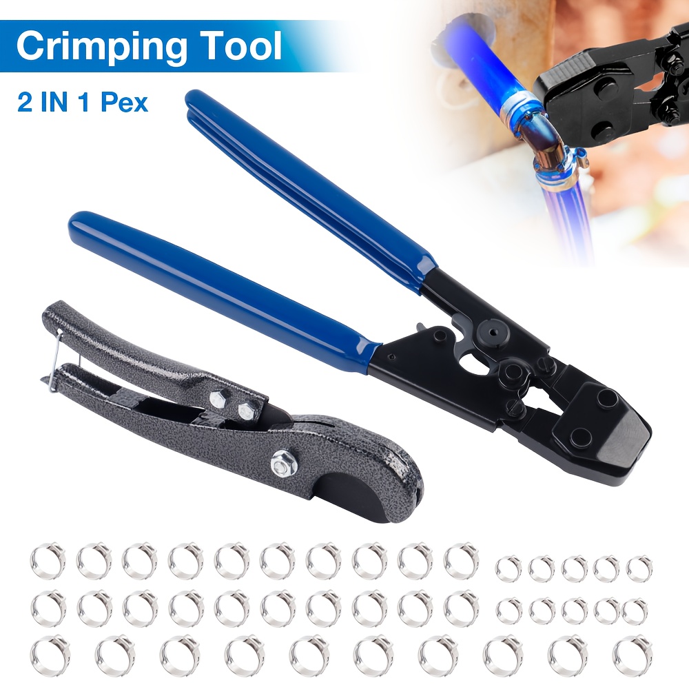 

A Serrated Pex Crimping Tool, With A Pvc Pipe Cutter, Includes 10 Stainless Steel Clamps For 3/8", 20 For 1/2", And 10 For 3/4", For Securing Pex Pipes And Automotive Applications.