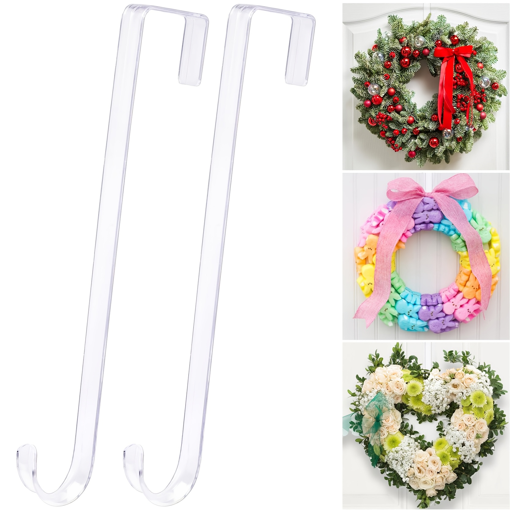 TEMU 2pcs Set Front Door Wreath Hooks, 33.25cm Transparent Wreath Door Hooks, Wreath Hooks Anti-scratch Door Hooks Easter Christmas Decoration Indoor