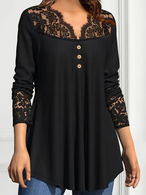 womens v neck lace trim long sleeve loose fit solid color top