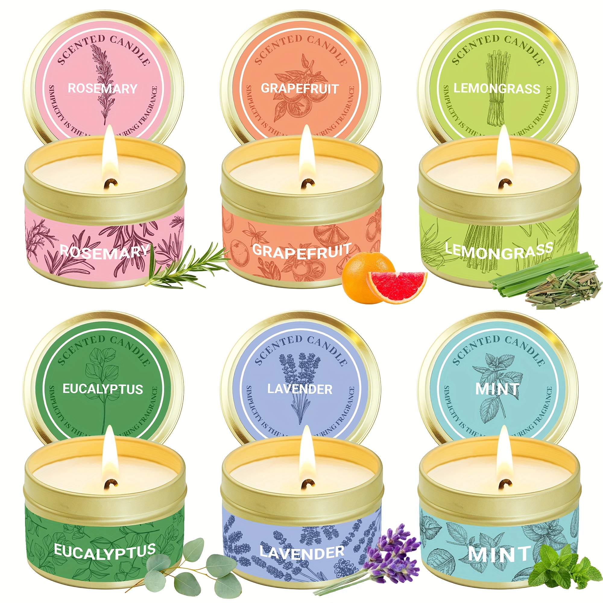 6-pack Scented Candle Gift Set – Rosemary, Grapefruit, , Eucalyptus, Lavender & Mint – Up To 24h Per Candle (144h Total) – Home Fragrance Set For Birthday, Holiday & Thank-you Gifts