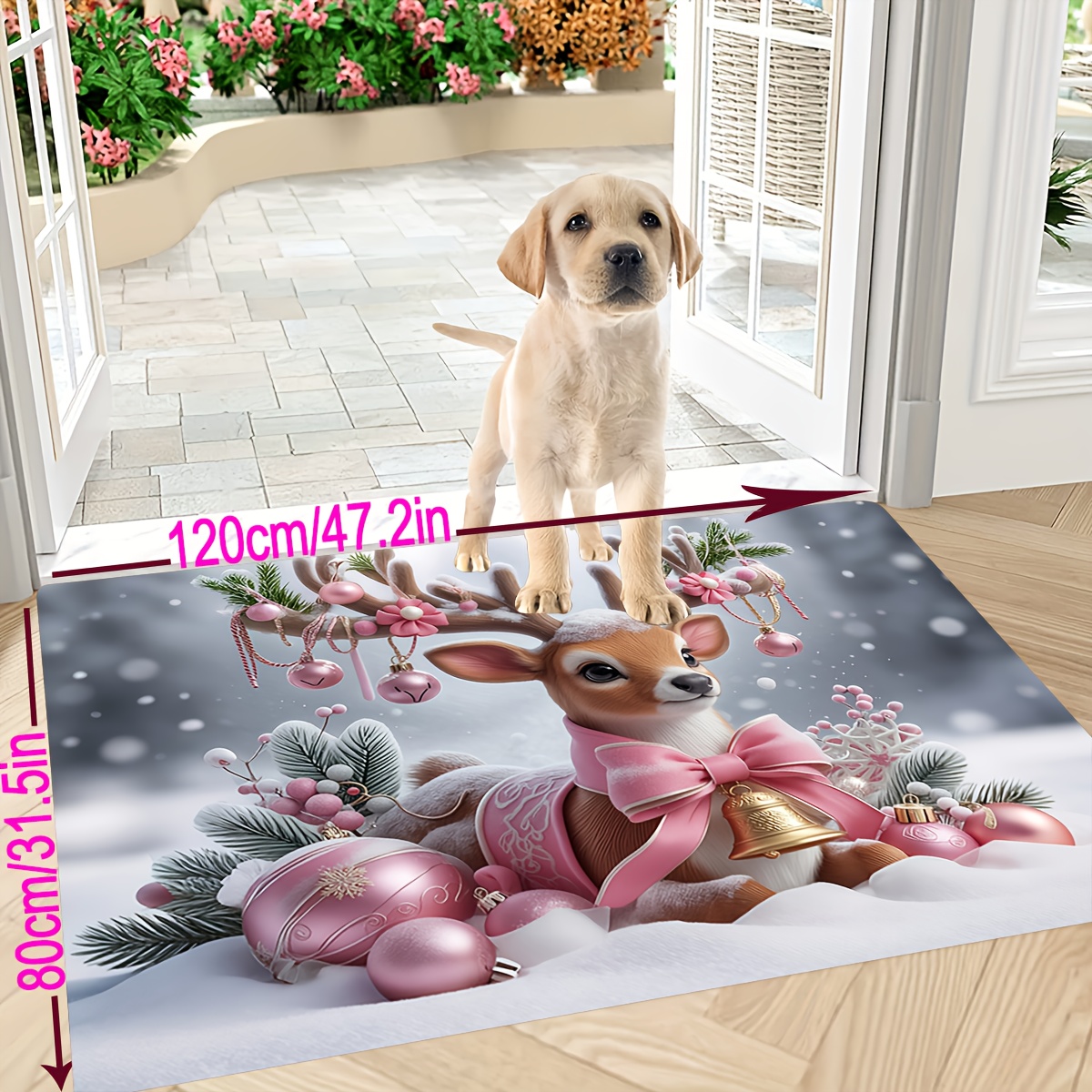 TEMU 1pc Pink Themed Cartoon Reindeer Pattern Printing Floor Mat For Home Entrance, For Home Christmas Atmosphere Decoration Carpet, Christmas