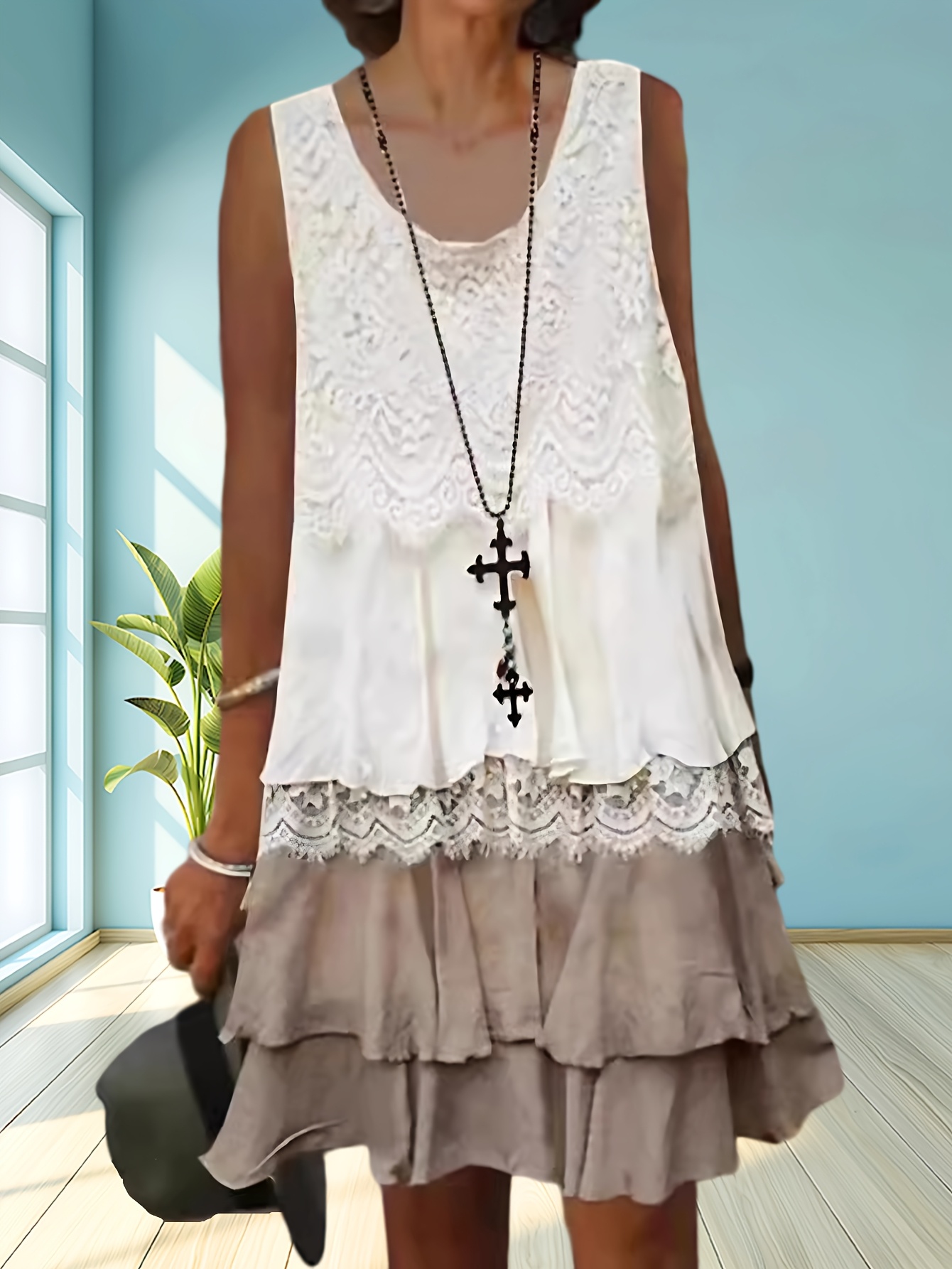 plus size plus size womens bohemian lace   sleeveless dress round neck midi skirt with layered lace overlay lightweight summer casual dress for beach   picnics warm weather fashion boho chic delicate detailing fashion enthusiasts vacation outfit breathable fabric fashionforward women