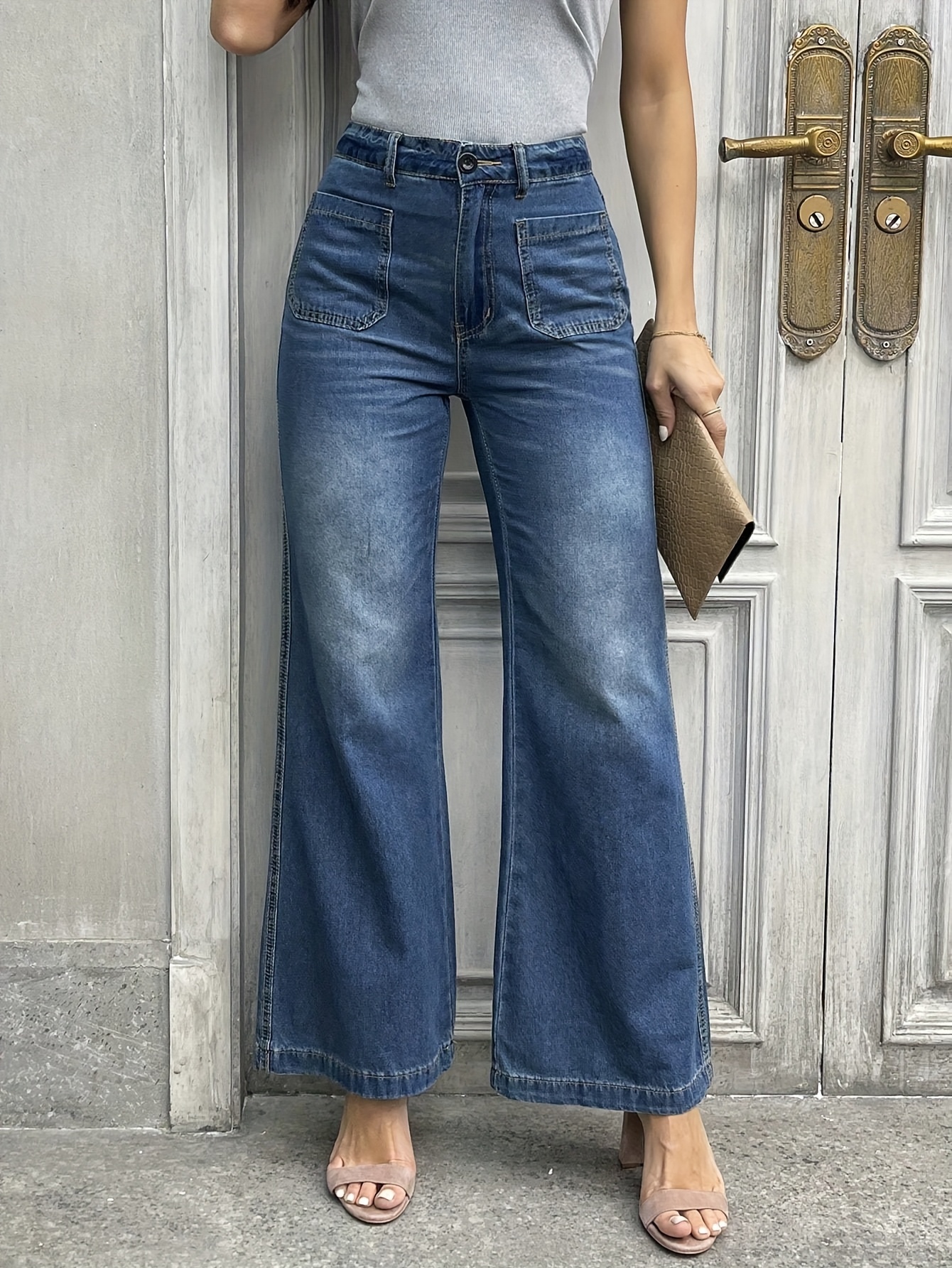 Women'* Blue High-Waisted Loose Fit Bootcut Jeans Vintage Straight-Leg  Denim Pants with Multi-Pocket Button Front, Stretch-Free Machine-Wash