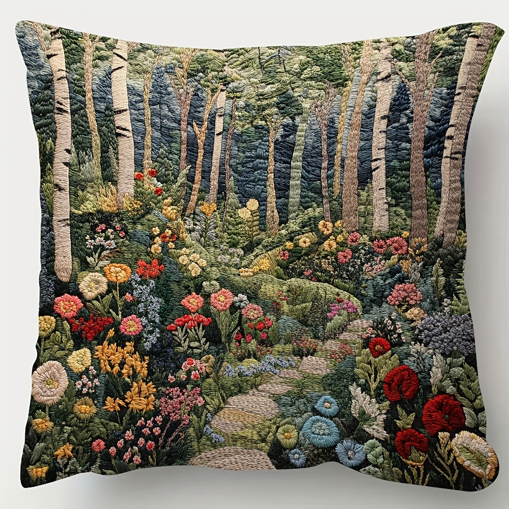 

1pc Syla802 18x18 Inch Contemporary Embroidery- Polyester Throw Pillow Cover, Double-sided Forest Design, Soft Short Plush, Hand Wash, Zipper Closure For Room Types - No Insert