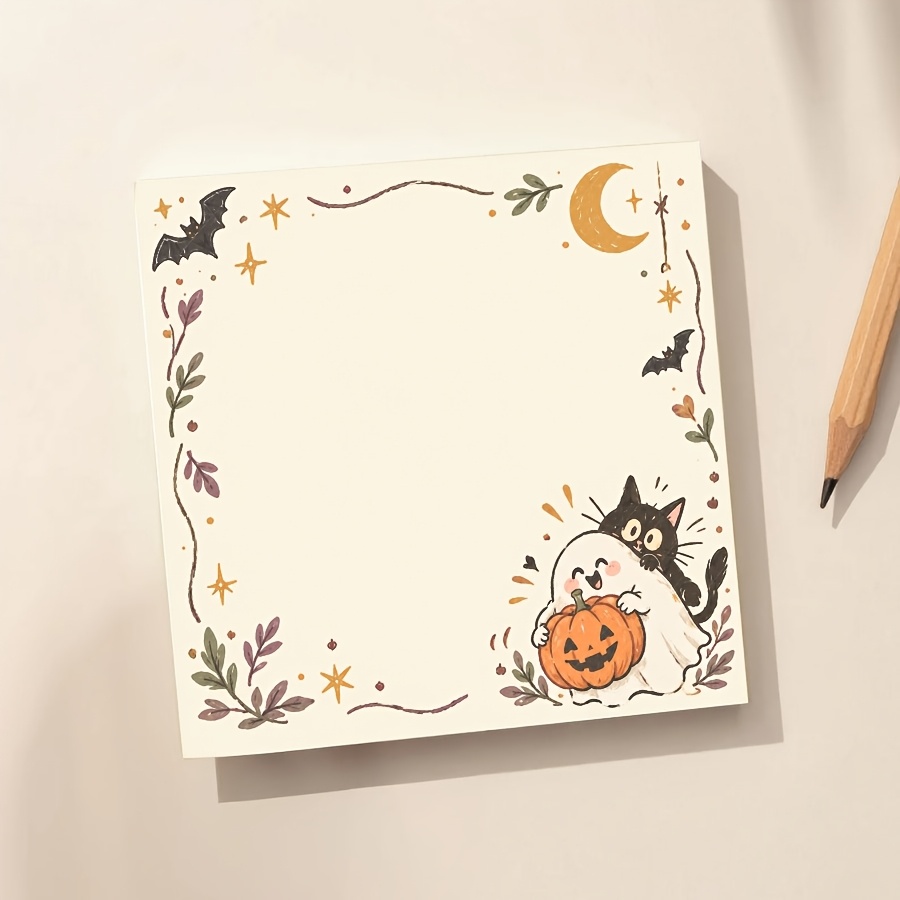TEMU Cute Vintage Gothic Halloween Memo Pad With , Black Cat, Jack-o'-lanterns, Bats & Autumn Foliage - Square Suitable For Journaling, Scrapbooking,