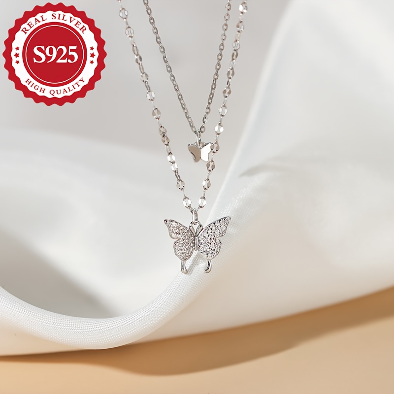 925 Silver Women's Double Layer Butterfly Blingbling Necklace