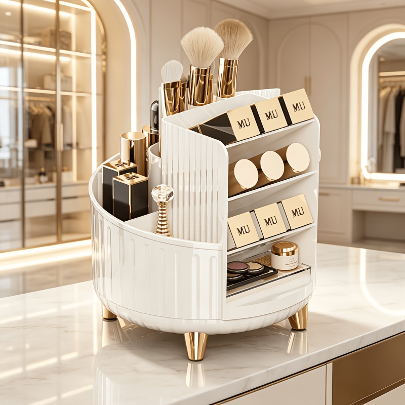 TEMU 360° Rotating Makeup Organizer, Large Capacity Multi-compartment Cosmetic Storage Rack, Suitable For Bathroom Vanity, Cabinet, And Countertop