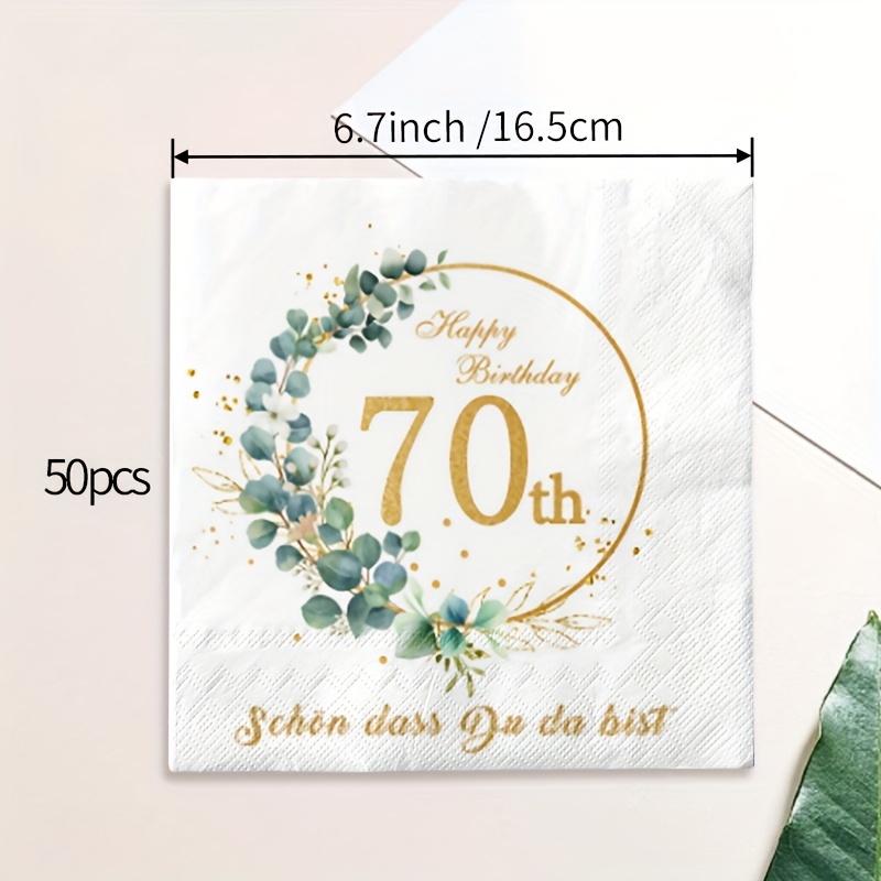 E-shop 50 Stk. 3-lagige Eukalyptusblatt-Jubiläumstischsets für das 70. Jubiläum, Frische Pflanzen- und Goldene Jahrestagsmotiv Druck Einweggeschirr für