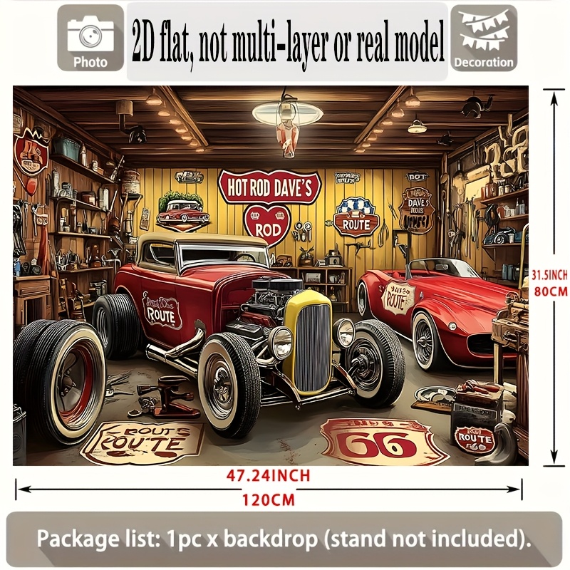 TEMU 2Dバナー 1枚 ヴィンテージホットロッドガレージシーン背景デコレーション ポリエステル製 バナー ルームデコ ウォールデコ パーグラウンドパーツ ギフト用装飾バナー パーティー用品