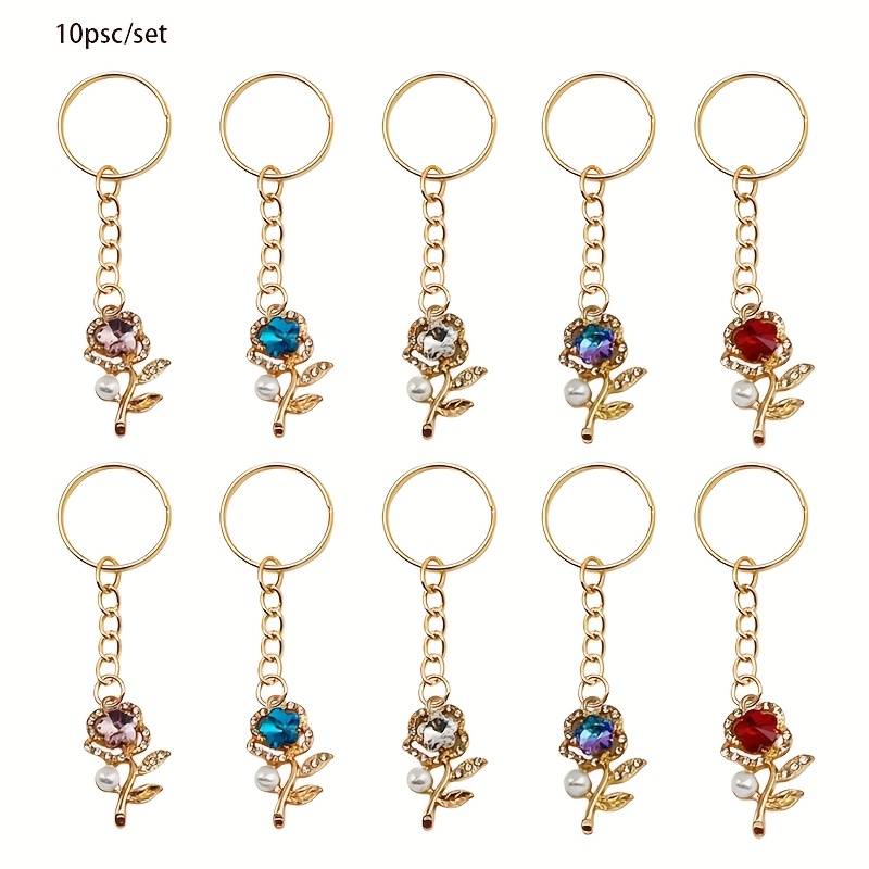 Image of 10pcs Rhinestone Keychain Set - Lightweight And Durable Golden With Pink Rose, Elegant Gift For Valentine's Day Anniversaries Or Backpack Keys