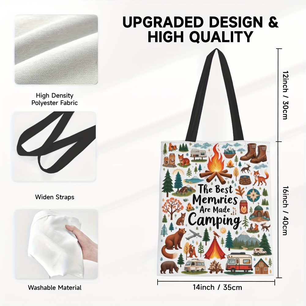 TEMU 1pc, Vibrant Camping Theme Design Tote Bag, Large Capacity Reusable Grocery Bags, Durable Shoulder Bag For Everyday Shopping, Hand Wash, Mixed