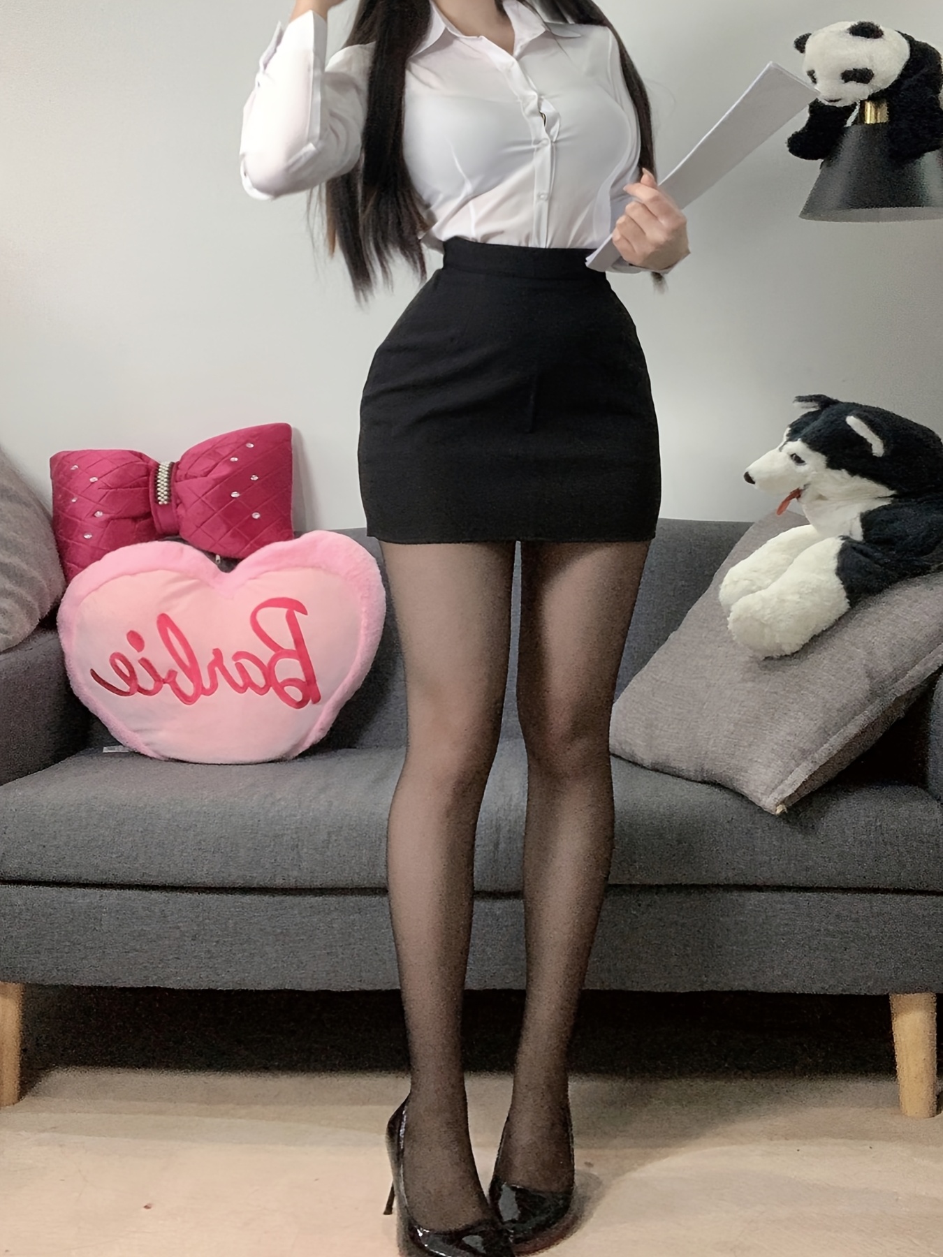 2pcs 서기복 세트, 폴리에스터 100% 단색, 라펠 칼라, 직조 직물, 235g/m², 봄/가을 시즌, 버튼 디테일과 섹시한 바디콘 스커트가 있는 슬림핏 셔츠 세부 정보 4