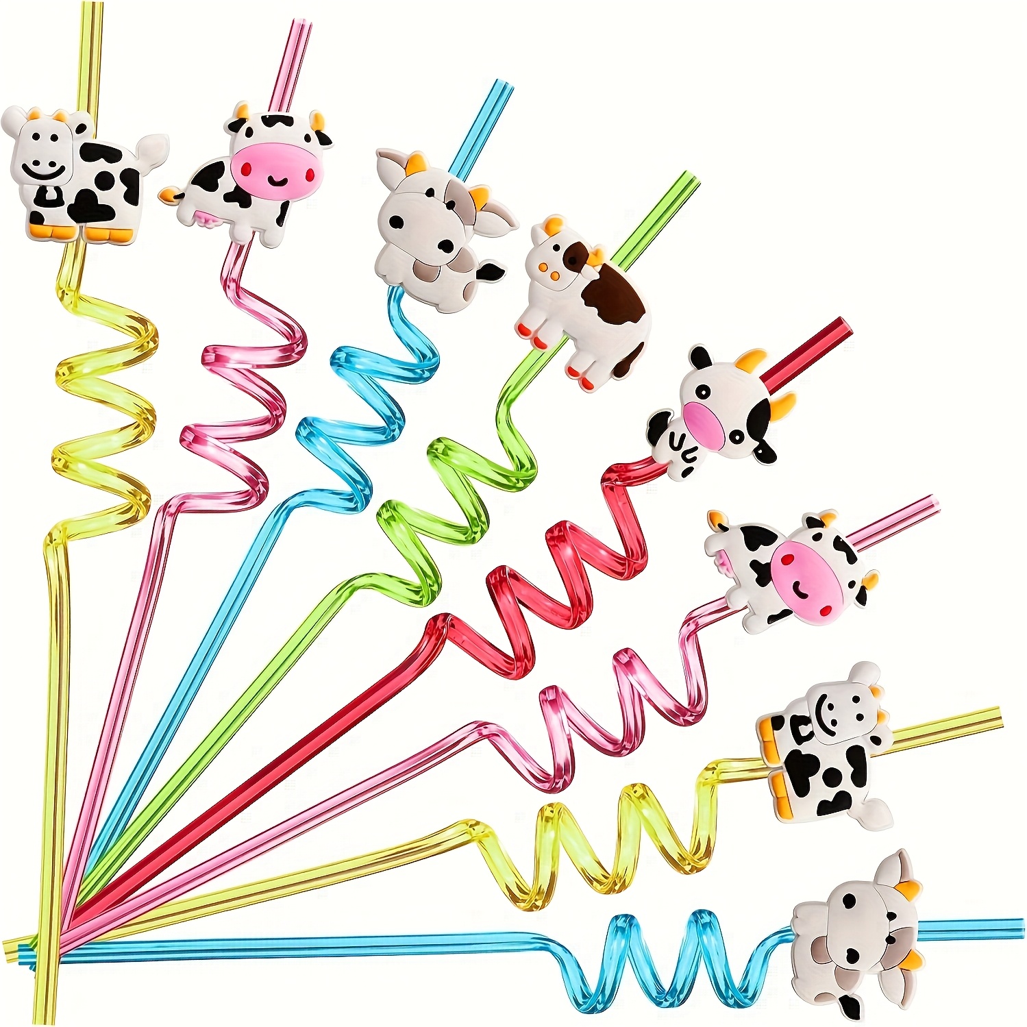 Image of 5pcs Reusable Plastic Straws With Cow Theme - Animal Straws For Birthday Party - Farm Animal Decorations - Food Contact Safe