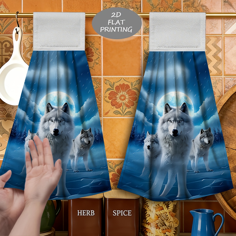 TEMU 2pcs Snow Wolf Pattern Print Hanging Hand Towel Kitchen Hand Towels, Soft Microfiber Material, Strong Absorbency, Exquisite . Suitable For