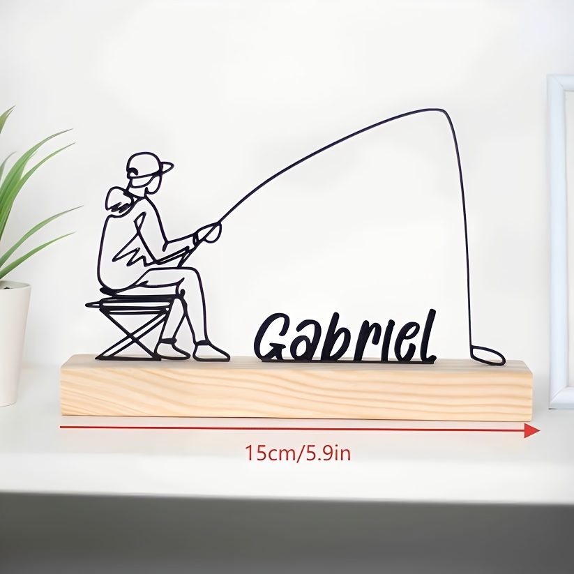 TEMU 1pc Customizable Name Fishing Theme Metal Wire Sculpture Ornament, Fishing Enthusiast Desktop Decoration, Fishing Memorial Gift, Study Display