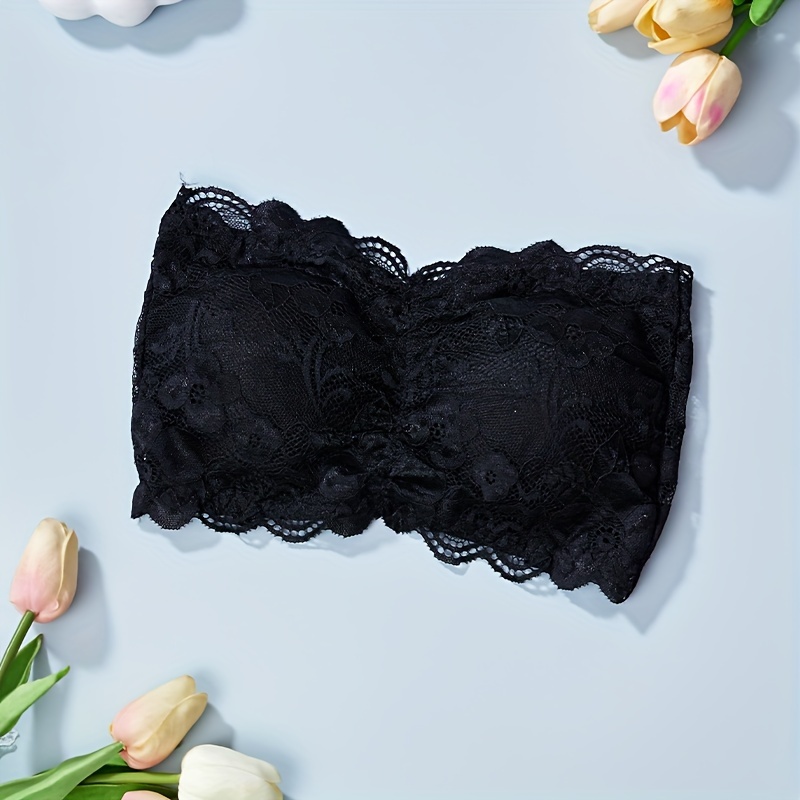 

Solid Floral Lace Trim Strapless Bandeau, Sexy Comfy Push Up Bra, Women's Lingerie & Underwear