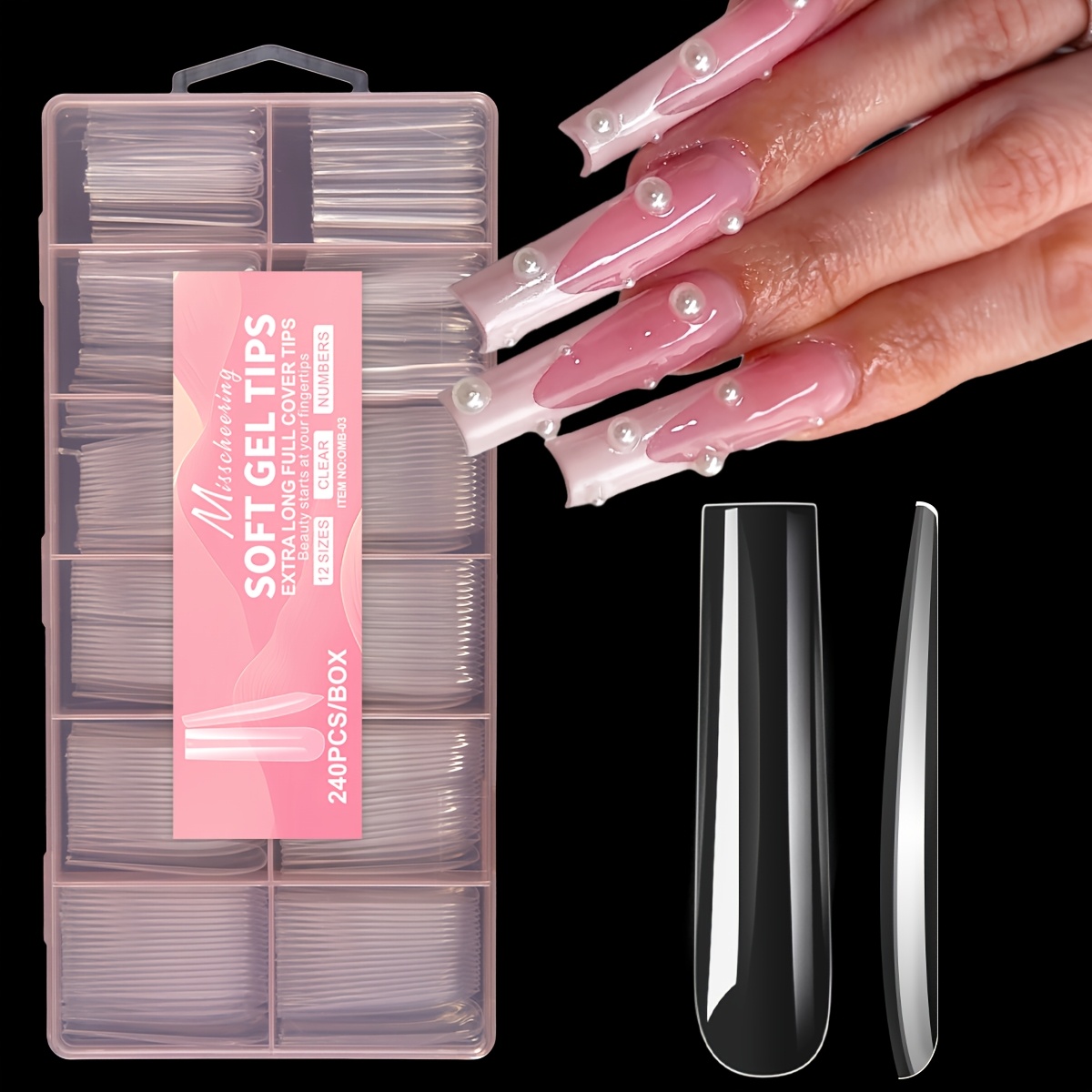 TEMU 240pcs Misscheering Faux Ongles à Pression pour Femmes - Extrêmement Longs Cercueil/Pointe Ballerine avec Revêtement Intégral Brillant, Pointes