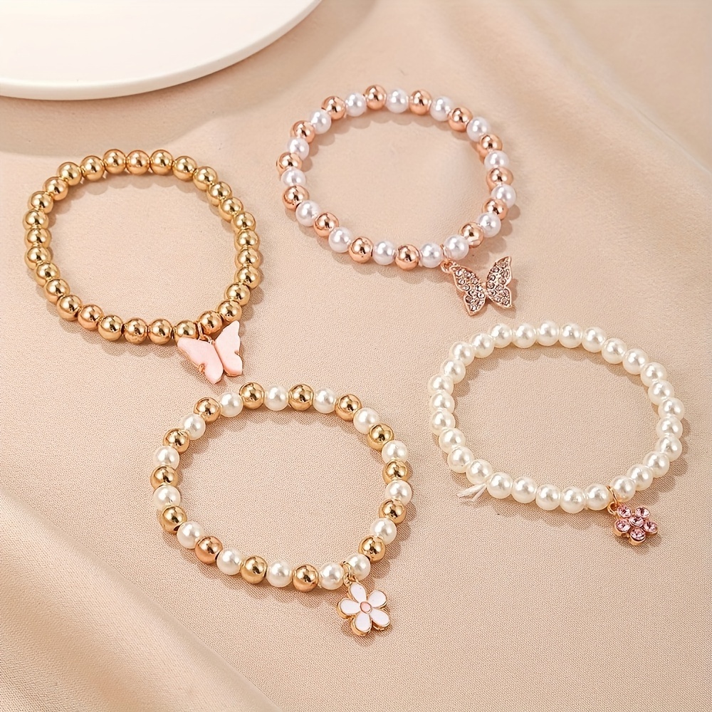 set of 4 charming butterfly and daisy heart pendant bracelets faux pearl beads perfect and exquisite jewelry gifts   designed for cute girls details 1