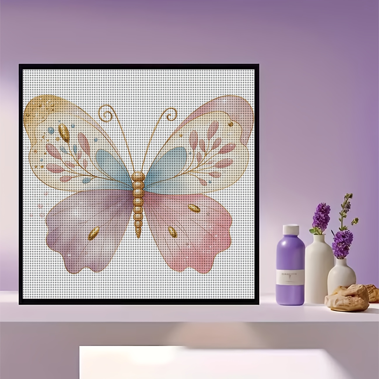 DIY Cross-Stitch Printed Kit, Unframed, Pink-to-Blue Gradient Butterflies