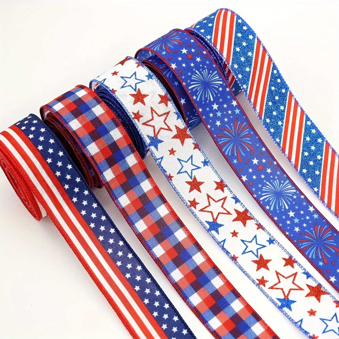 

1 Roll, 5 Yards Patriotic Ribbon 4th Of July Stars And Stripes Burlap Wired Edge Ribbon White Blue Red Decorative Ribbon For Independence Day Gift Wrapping Diy Wreath Bow Craft Sewing