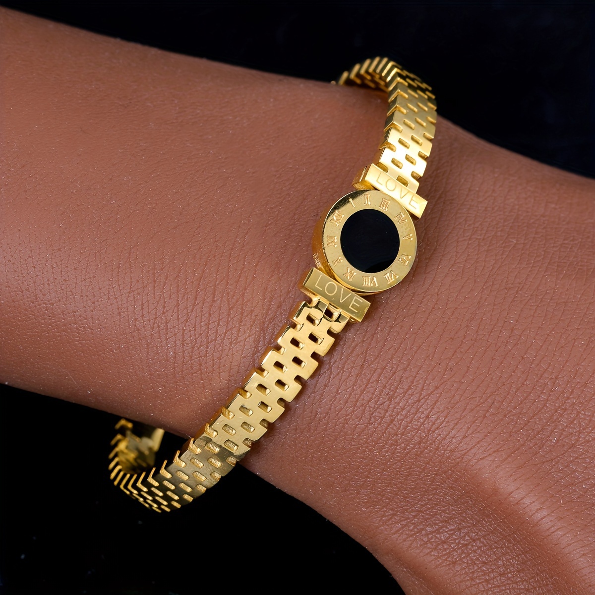 a golden stainless steel bracelet for men and women featuring a sparkling watch band with a black dial roman   and a   making it a stylish piece of jewelry for couples   perfect as a wedding party Product details 6