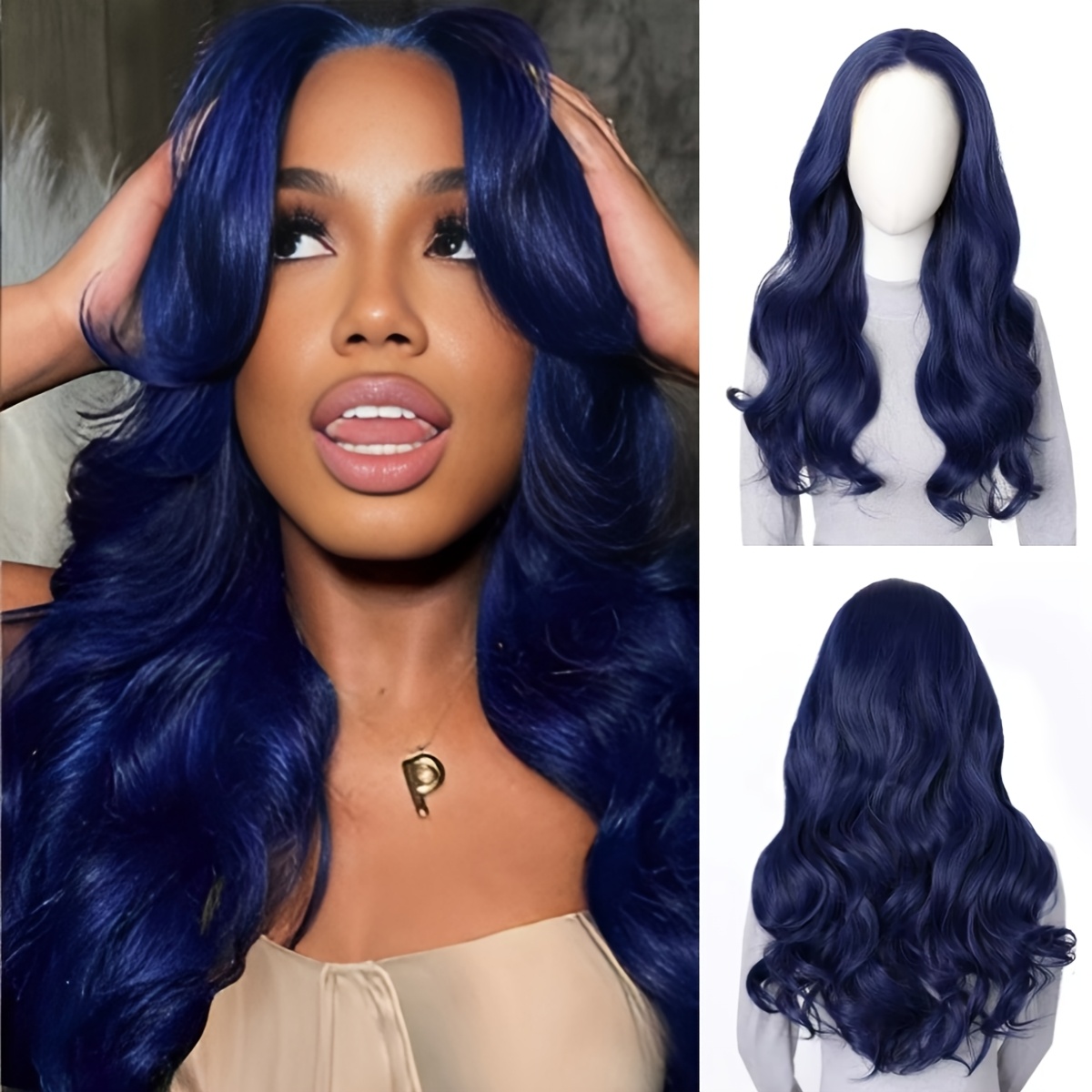 TEMU Elegante dames 26-inch blauwe lange krullende haar pruik - Lange golf hittebestendige synthetische pruik, hoge dichtheid, ademende mesh hoed,