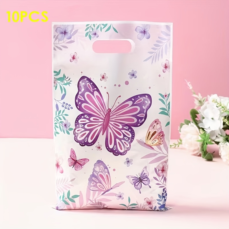 TEMU 10 Stück puderlila Schmetterlings-Geschenktüten, 16,5*25 cm, tragbare Schmetterlings-Blumen-Geschenkverpackungstüten,