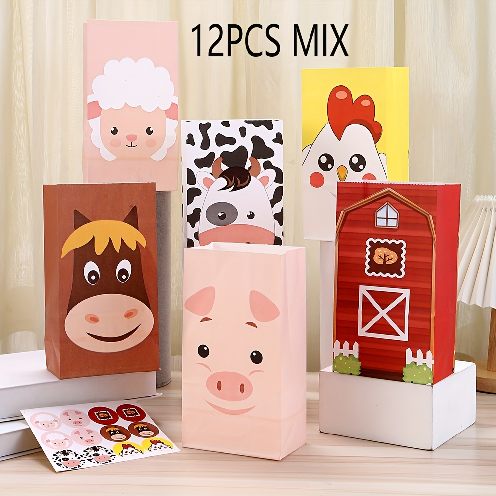 Image of 12pcs Farm Animal Printing Paper Gift Bags For Birthday, Party And Wedding Event Gift Bag Packing With Sticker